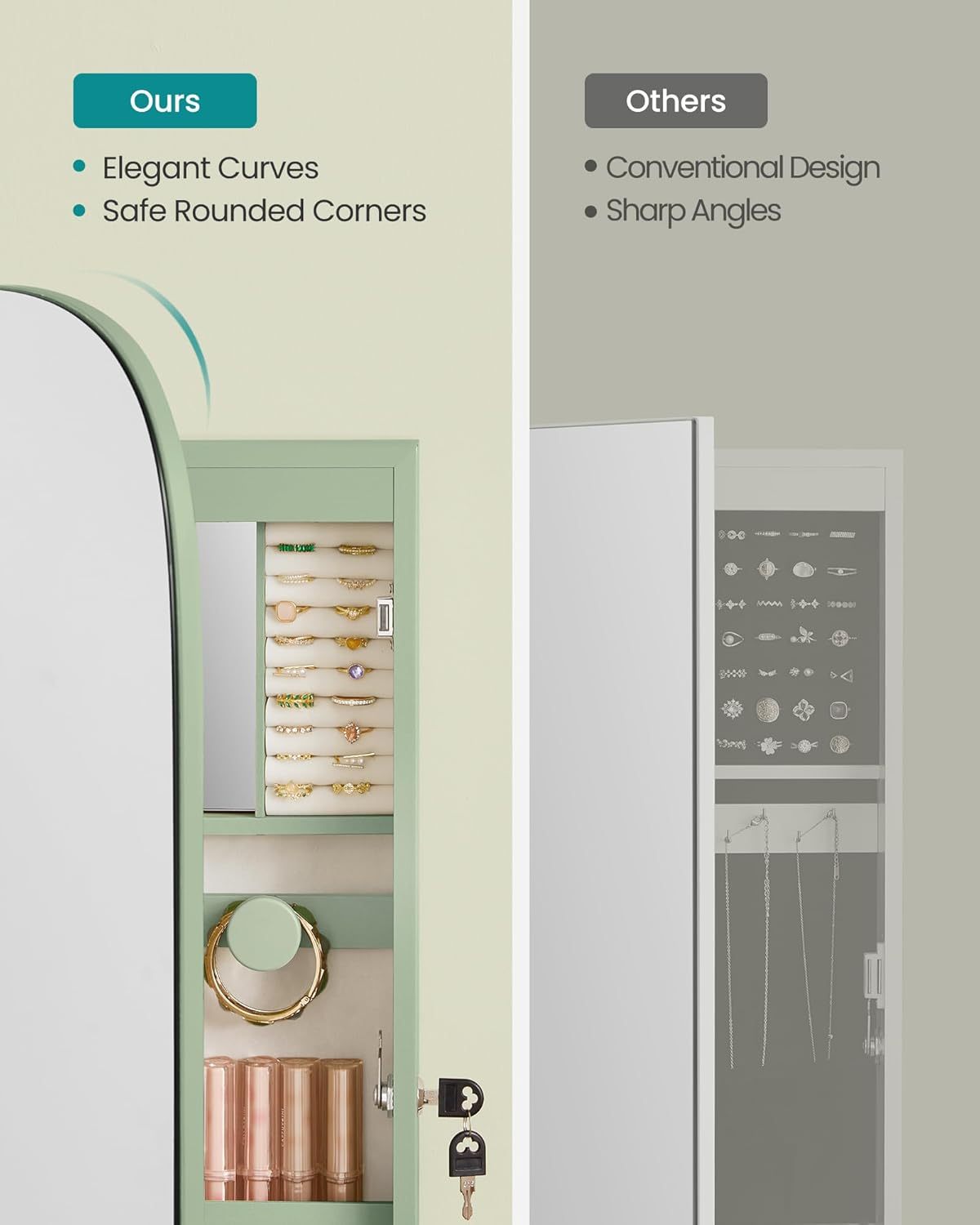 SONGMICS Jewelry Organizer, LED Jewelry Cabinet Wall or Door Mounted, Lockable Rounded Wide Mirror with Storage, Interior Mirror, 3.9 x 16.5 x 42.5 Inches, White Surface with Greige Lining UJJC026W01