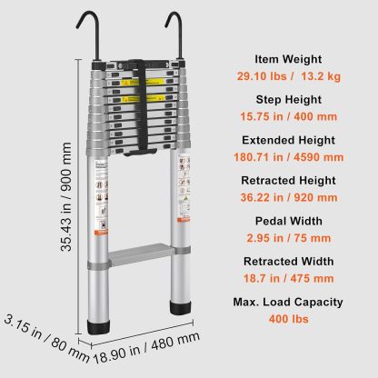 VEthtVOR Telescoping Ladder Aluminum Extension Step Multi-purpose Portable