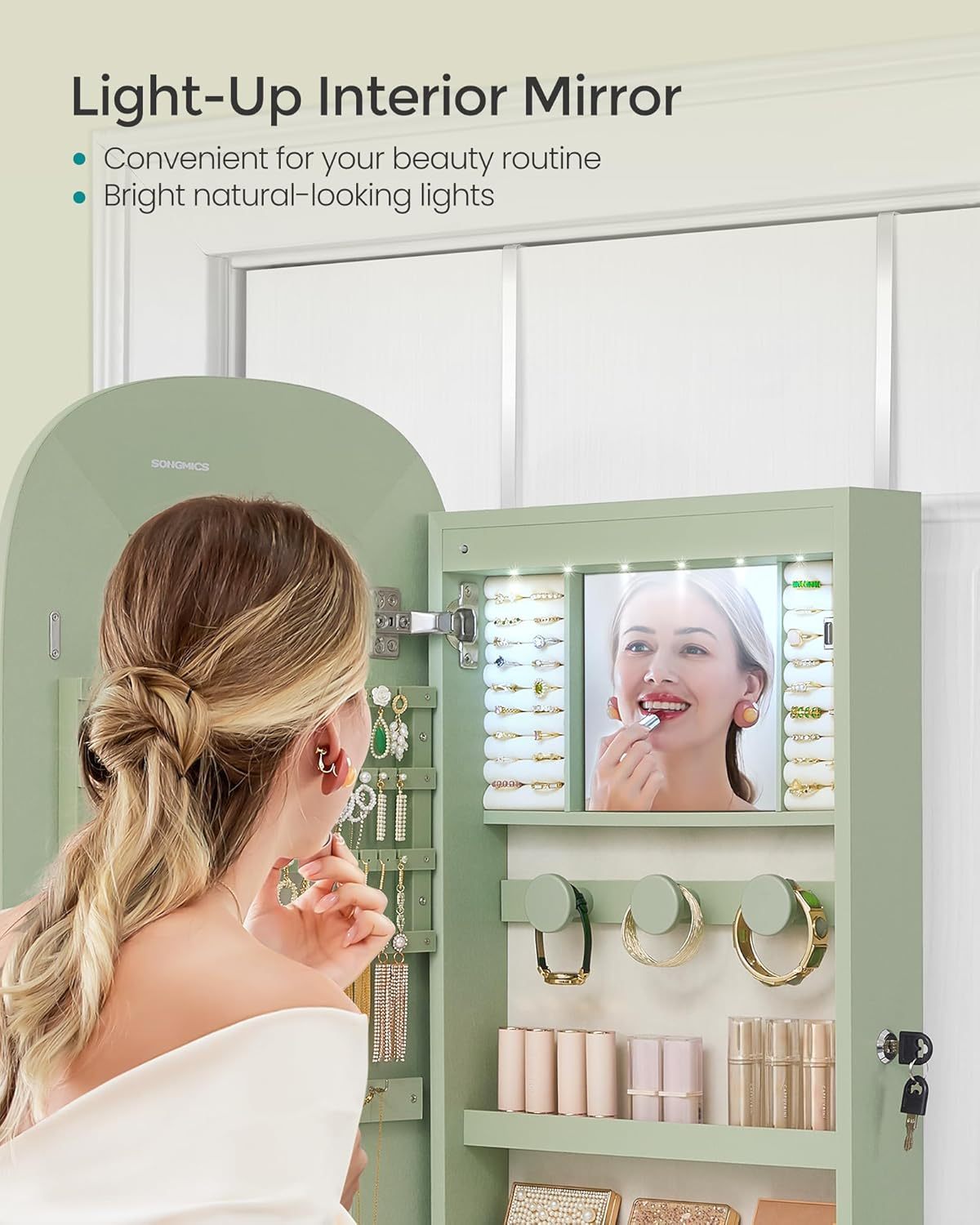 SONGMICS Jewelry Organizer, LED Jewelry Cabinet Wall or Door Mounted, Lockable Rounded Wide Mirror with Storage, Interior Mirror, 3.9 x 16.5 x 42.5 Inches, White Surface with Greige Lining UJJC026W01