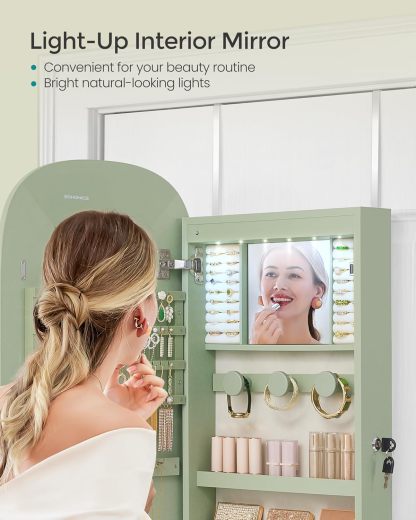 SONGMICS Jewelry Organizer, LED Jewelry Cabinet Wall or Door Mounted, Lockable Rounded Wide Mirror with Storage, Interior Mirror, 3.9 x 16.5 x 42.5 Inches, White Surface with Greige Lining UJJC026W01