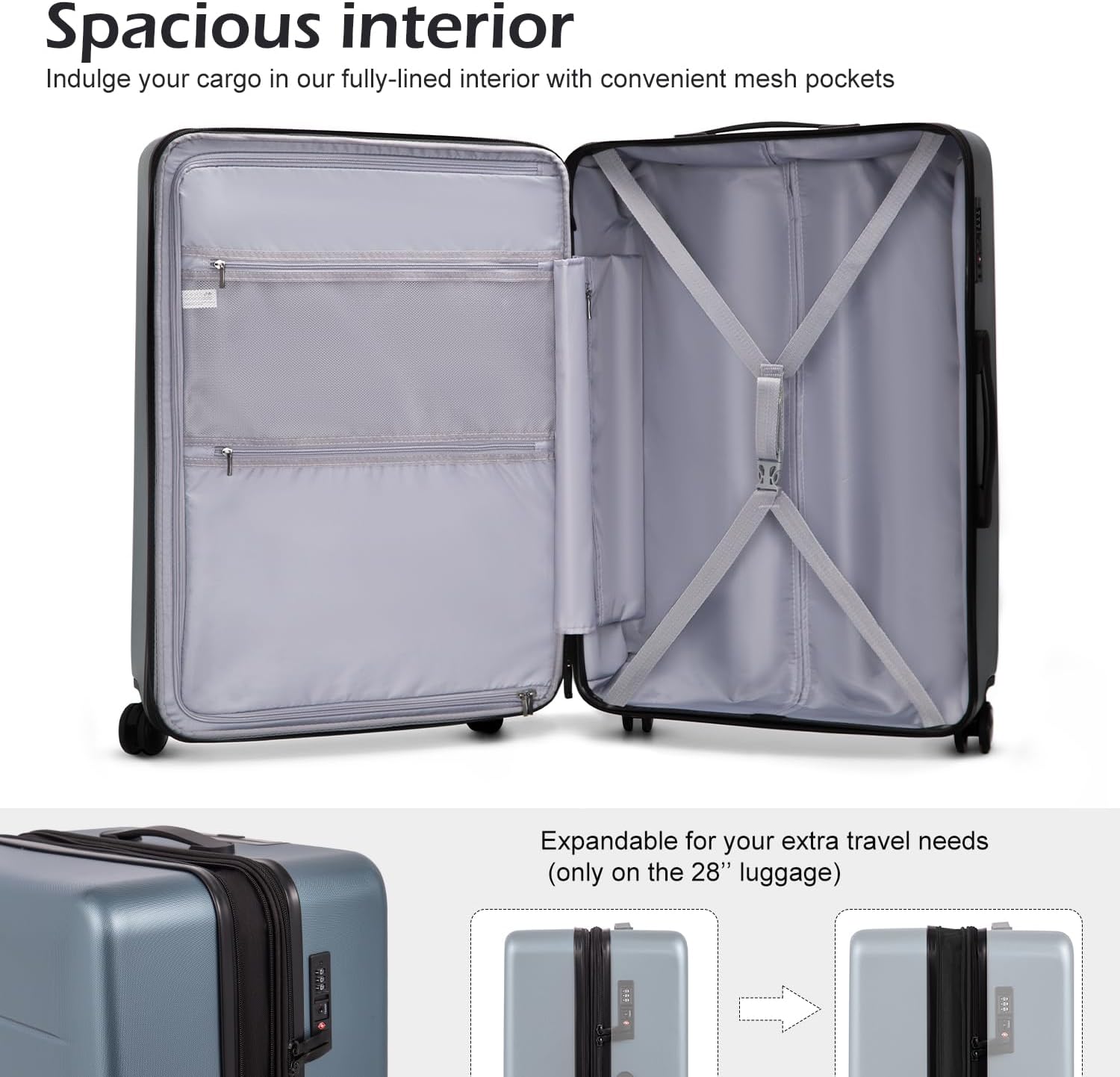 Coolife Luggage Suitcase Piece Set Carry On ABS+PC Spinner Trolley with pocket Compartment Weekend Bag (White, 2-piece Set)