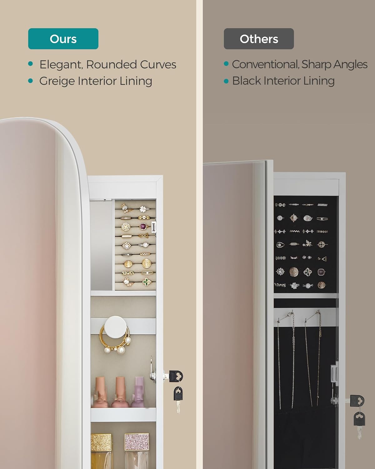 SONGMICS Jewelry Organizer, LED Jewelry Cabinet Wall or Door Mounted, Lockable Rounded Wide Mirror with Storage, Interior Mirror, 3.9 x 16.5 x 42.5 Inches, White Surface with Greige Lining UJJC026W01