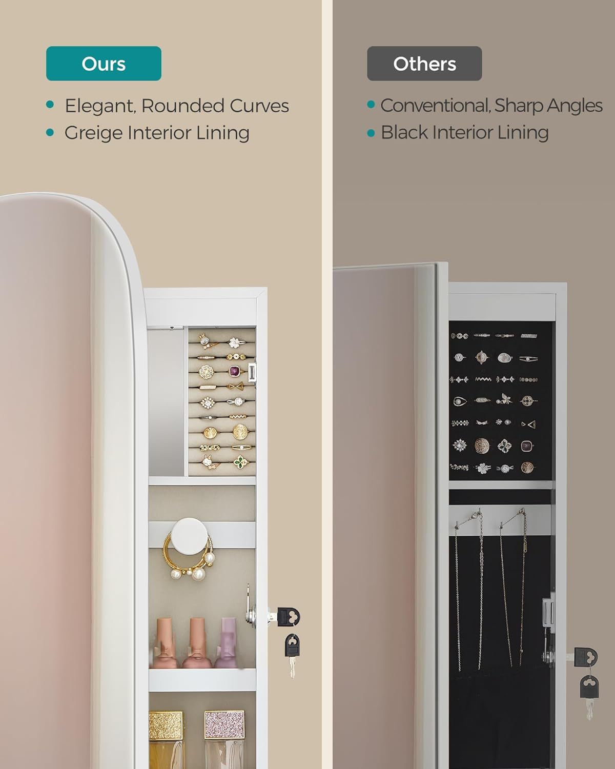 SONGMICS Jewelry Organizer, LED Jewelry Cabinet Wall or Door Mounted, Lockable Rounded Wide Mirror with Storage, Interior Mirror, 3.9 x 16.5 x 42.5 Inches, White Surface with Greige Lining UJJC026W01