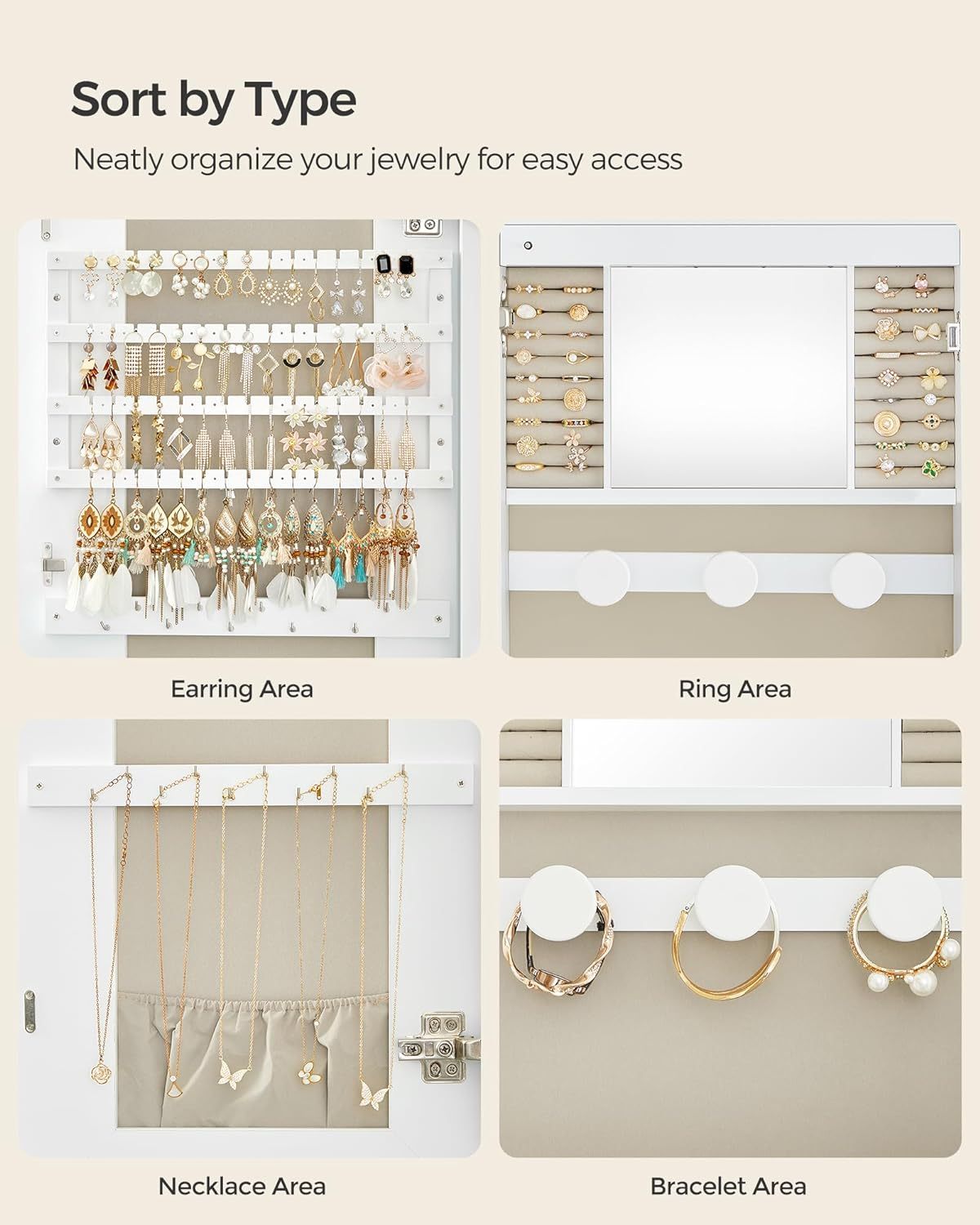 SONGMICS Jewelry Organizer, LED Jewelry Cabinet Wall or Door Mounted, Lockable Rounded Wide Mirror with Storage, Interior Mirror, 3.9 x 16.5 x 42.5 Inches, White Surface with Greige Lining UJJC026W01
