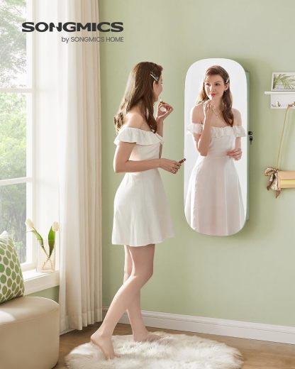 SONGMICS Jewelry Organizer, LED Jewelry Cabinet Wall or Door Mounted, Lockable Rounded Wide Mirror with Storage, Interior Mirror, 3.9 x 16.5 x 42.5 Inches, White Surface with Greige Lining UJJC026W01