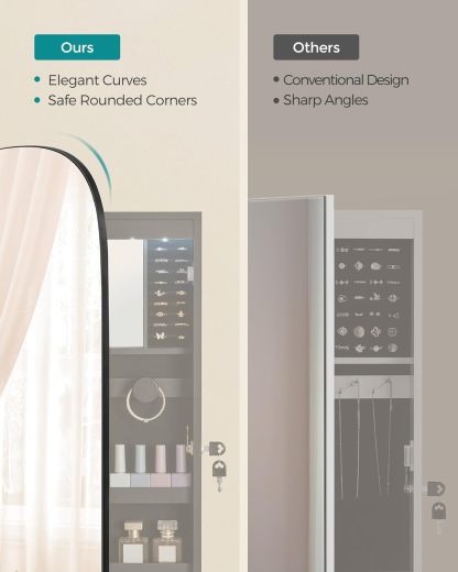 SONGMICS Jewelry Organizer, LED Jewelry Cabinet Wall or Door Mounted, Lockable Rounded Wide Mirror with Storage, Interior Mirror, 3.9 x 16.5 x 42.5 Inches, White Surface with Greige Lining UJJC026W01