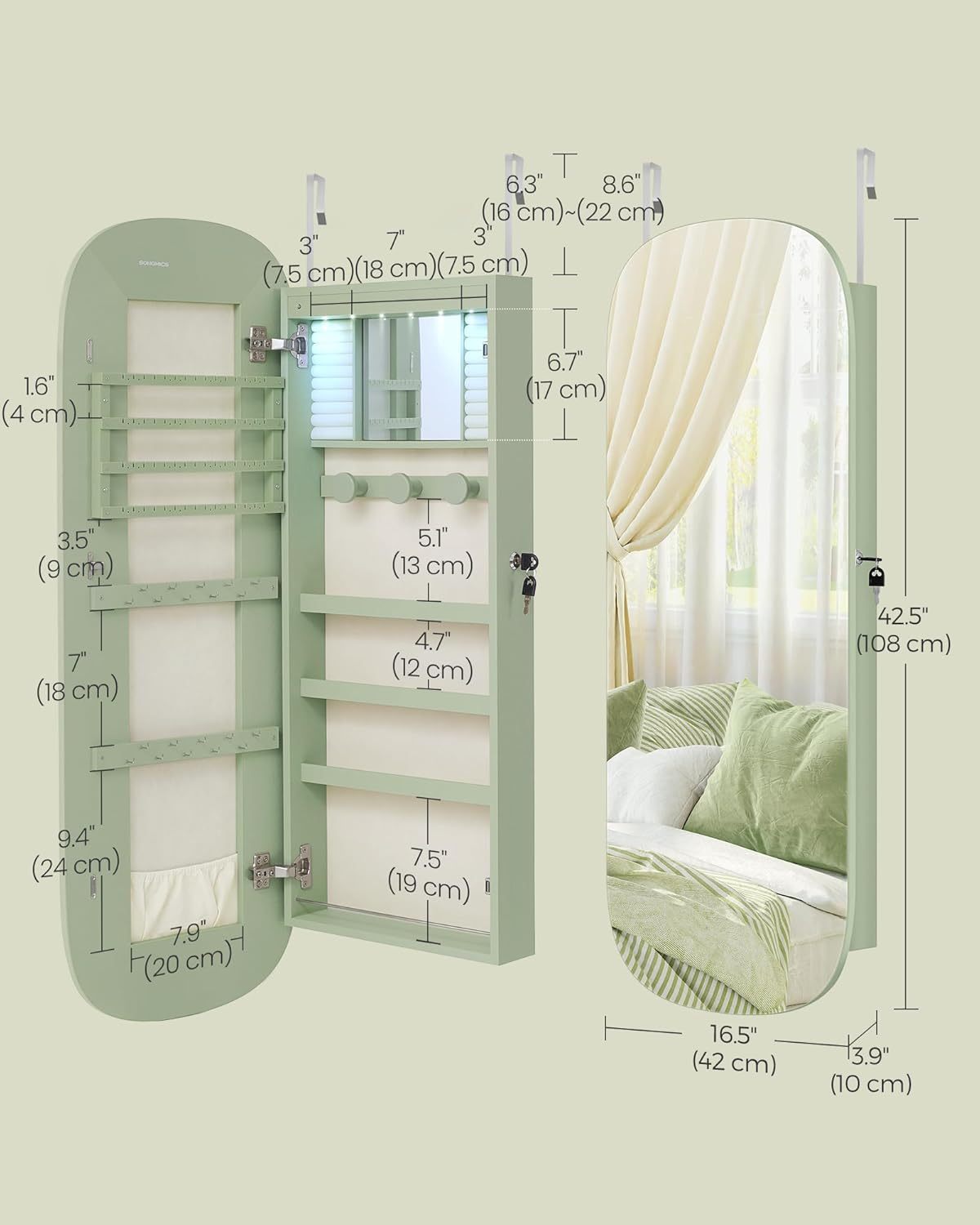 SONGMICS Jewelry Organizer, LED Jewelry Cabinet Wall or Door Mounted, Lockable Rounded Wide Mirror with Storage, Interior Mirror, 3.9 x 16.5 x 42.5 Inches, White Surface with Greige Lining UJJC026W01