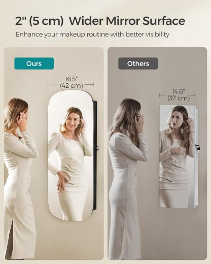SONGMICS Jewelry Organizer, LED Jewelry Cabinet Wall or Door Mounted, Lockable Rounded Wide Mirror with Storage, Interior Mirror, 3.9 x 16.5 x 42.5 Inches, White Surface with Greige Lining UJJC026W01