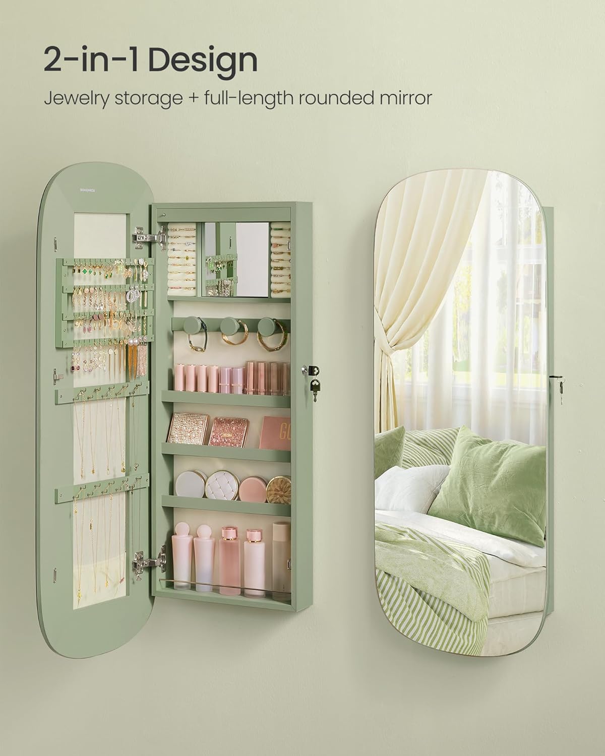 SONGMICS Jewelry Organizer, LED Jewelry Cabinet Wall or Door Mounted, Lockable Rounded Wide Mirror with Storage, Interior Mirror, 3.9 x 16.5 x 42.5 Inches, White Surface with Greige Lining UJJC026W01