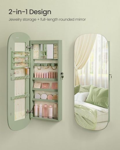 SONGMICS Jewelry Organizer, LED Jewelry Cabinet Wall or Door Mounted, Lockable Rounded Wide Mirror with Storage, Interior Mirror, 3.9 x 16.5 x 42.5 Inches, White Surface with Greige Lining UJJC026W01