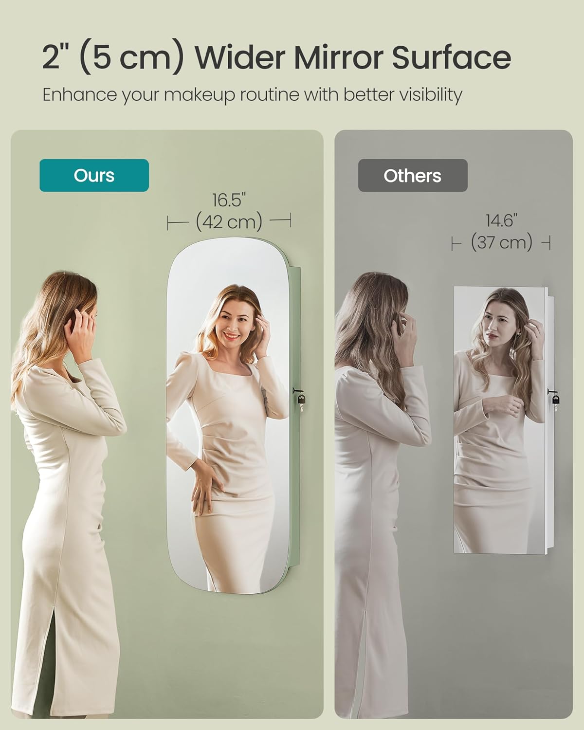 SONGMICS Jewelry Organizer, LED Jewelry Cabinet Wall or Door Mounted, Lockable Rounded Wide Mirror with Storage, Interior Mirror, 3.9 x 16.5 x 42.5 Inches, White Surface with Greige Lining UJJC026W01