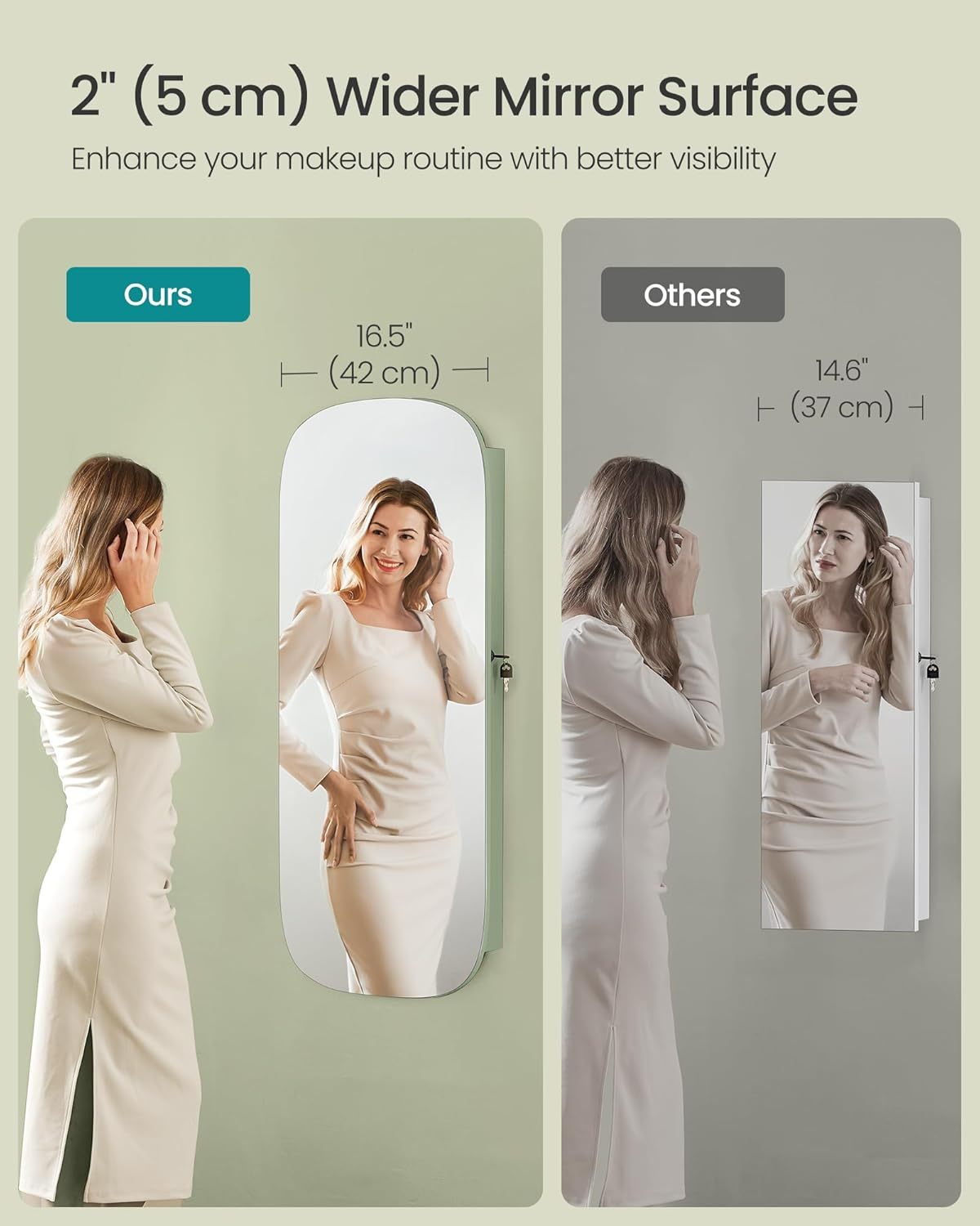SONGMICS Jewelry Organizer, LED Jewelry Cabinet Wall or Door Mounted, Lockable Rounded Wide Mirror with Storage, Interior Mirror, 3.9 x 16.5 x 42.5 Inches, White Surface with Greige Lining UJJC026W01