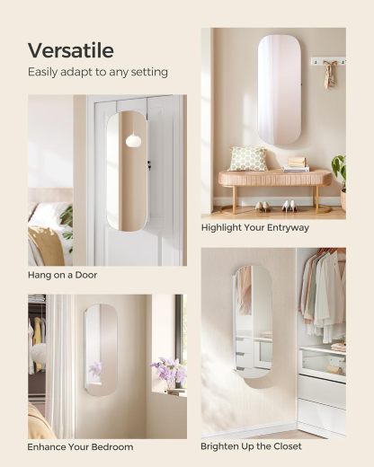 SONGMICS Jewelry Organizer, LED Jewelry Cabinet Wall or Door Mounted, Lockable Rounded Wide Mirror with Storage, Interior Mirror, 3.9 x 16.5 x 42.5 Inches, White Surface with Greige Lining UJJC026W01