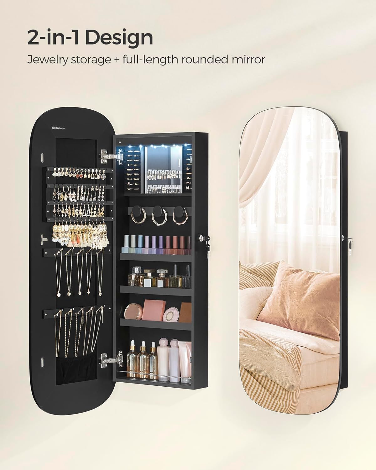 SONGMICS Jewelry Organizer, LED Jewelry Cabinet Wall or Door Mounted, Lockable Rounded Wide Mirror with Storage, Interior Mirror, 3.9 x 16.5 x 42.5 Inches, White Surface with Greige Lining UJJC026W01