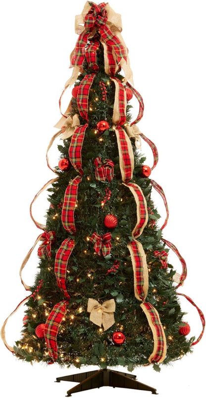 BrylaneHome Fully Decorated Pre-Lit 6 Foot Pop-Up Christmas Tree - Plaid