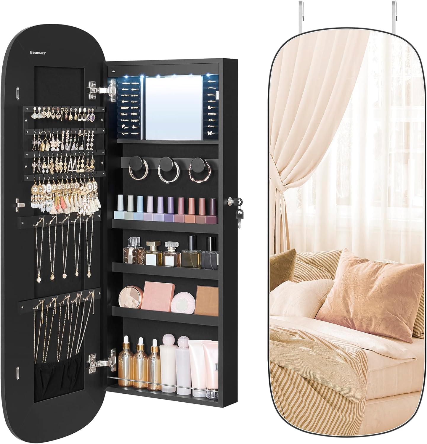 SONGMICS Jewelry Organizer, LED Jewelry Cabinet Wall or Door Mounted, Lockable Rounded Wide Mirror with Storage, Interior Mirror, 3.9 x 16.5 x 42.5 Inches, White Surface with Greige Lining UJJC026W01