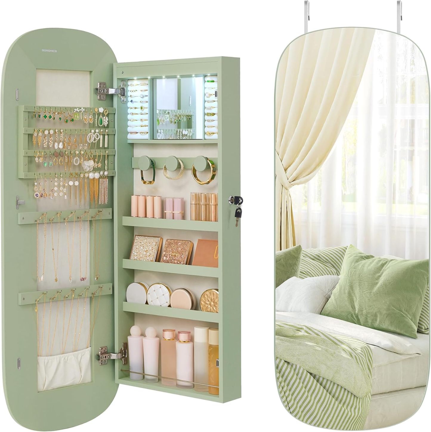 SONGMICS Jewelry Organizer, LED Jewelry Cabinet Wall or Door Mounted, Lockable Rounded Wide Mirror with Storage, Interior Mirror, 3.9 x 16.5 x 42.5 Inches, White Surface with Greige Lining UJJC026W01