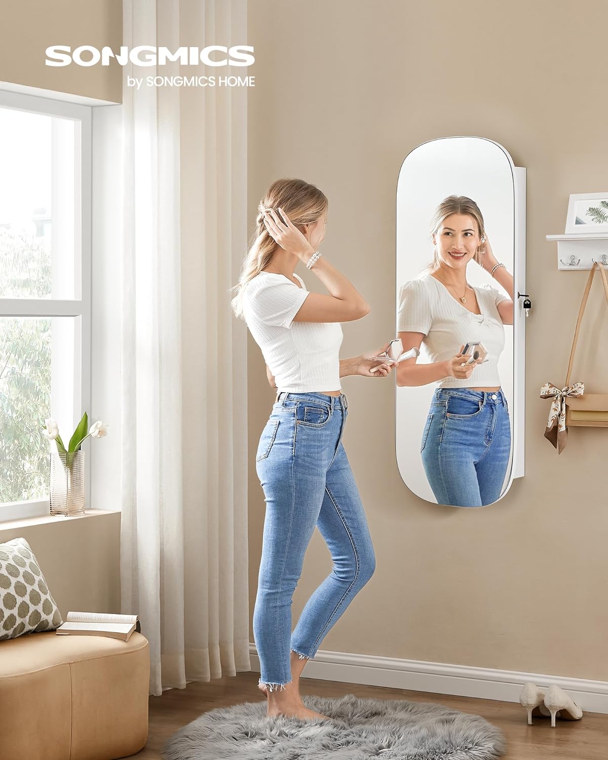 SONGMICS Jewelry Organizer, LED Jewelry Cabinet Wall or Door Mounted, Lockable Rounded Wide Mirror with Storage, Interior Mirror, 3.9 x 16.5 x 42.5 Inches, White Surface with Greige Lining UJJC026W01