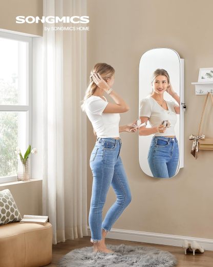 SONGMICS Jewelry Organizer, LED Jewelry Cabinet Wall or Door Mounted, Lockable Rounded Wide Mirror with Storage, Interior Mirror, 3.9 x 16.5 x 42.5 Inches, White Surface with Greige Lining UJJC026W01