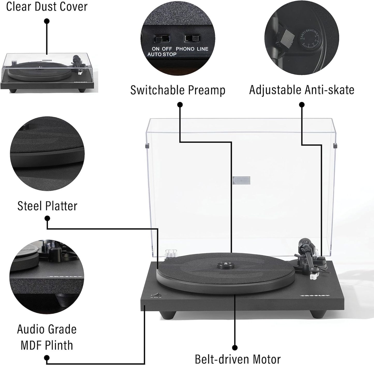 Crosley C6B-WH Belt-Drive Bluetooth Turntable Record Player with Adjustable Tone Arm, White
