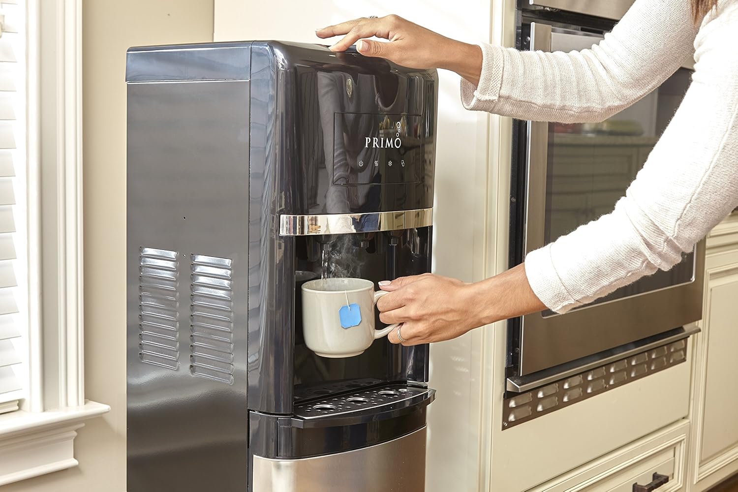 Primo Bottom Loading Water Dispenser, 3 Temp (Hot-Cool-Cold) Water Dispenser for 5 Gallon Bottle w/Child-Resistant Safety Feature, Black with Black Stainless Door