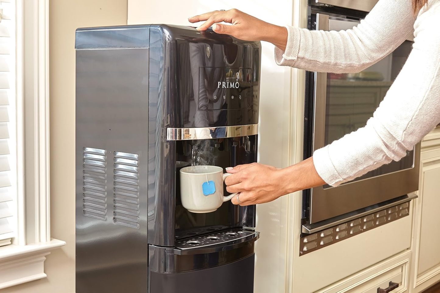 Primo Bottom Loading Water Dispenser, 3 Temp (Hot-Cool-Cold) Water Dispenser for 5 Gallon Bottle w/Child-Resistant Safety Feature, Black with Black Stainless Door