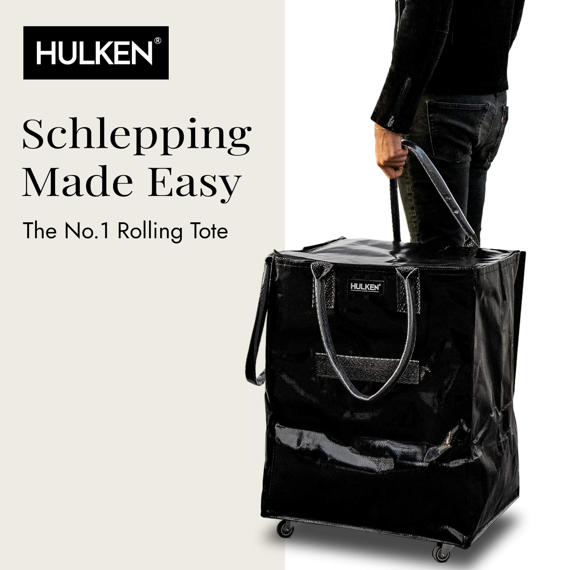 Hulkthten Foldable Rolling Tote Bag with Zip Top Closure