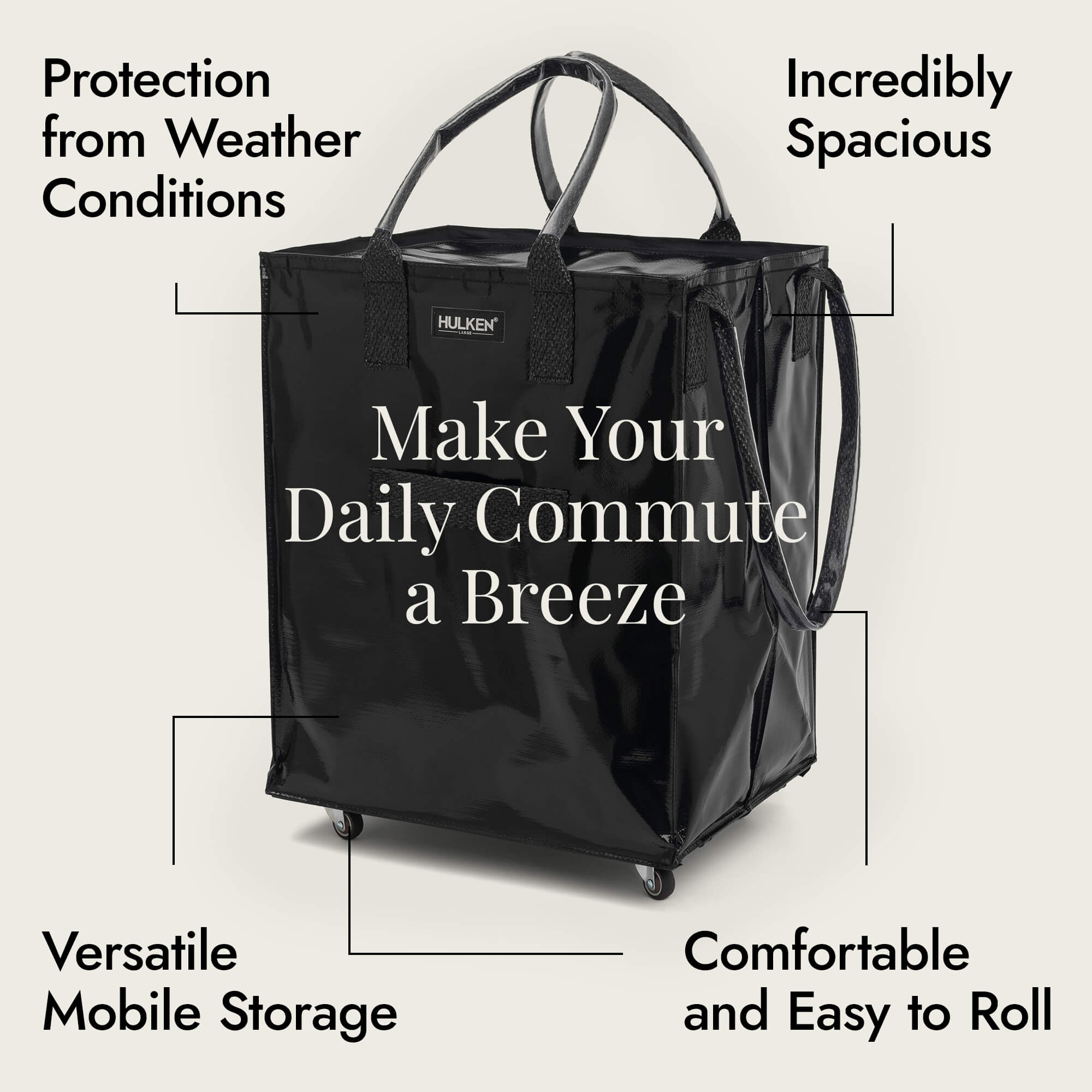 Hulkthten Foldable Rolling Tote Bag with Zip Top Closure