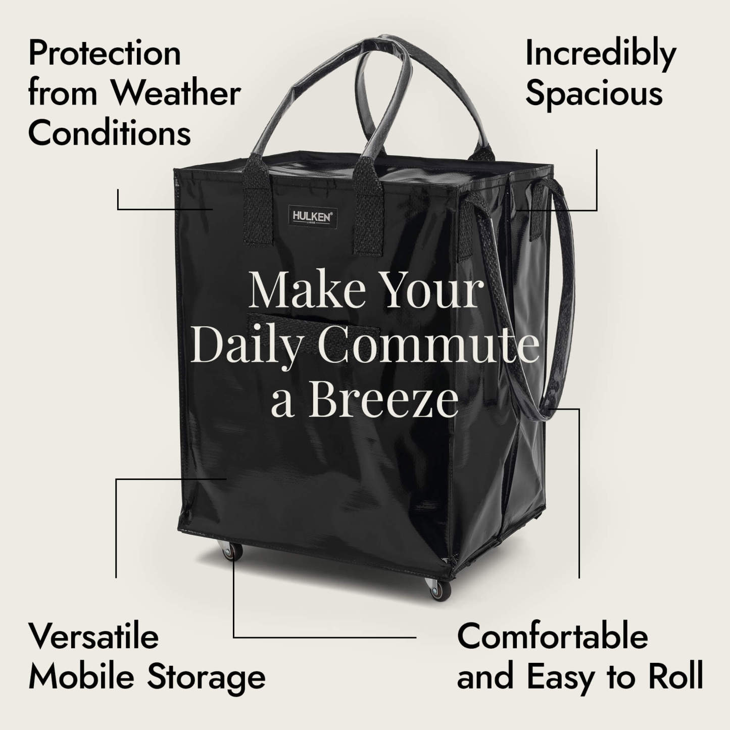 Hulkthten Foldable Rolling Tote Bag with Zip Top Closure
