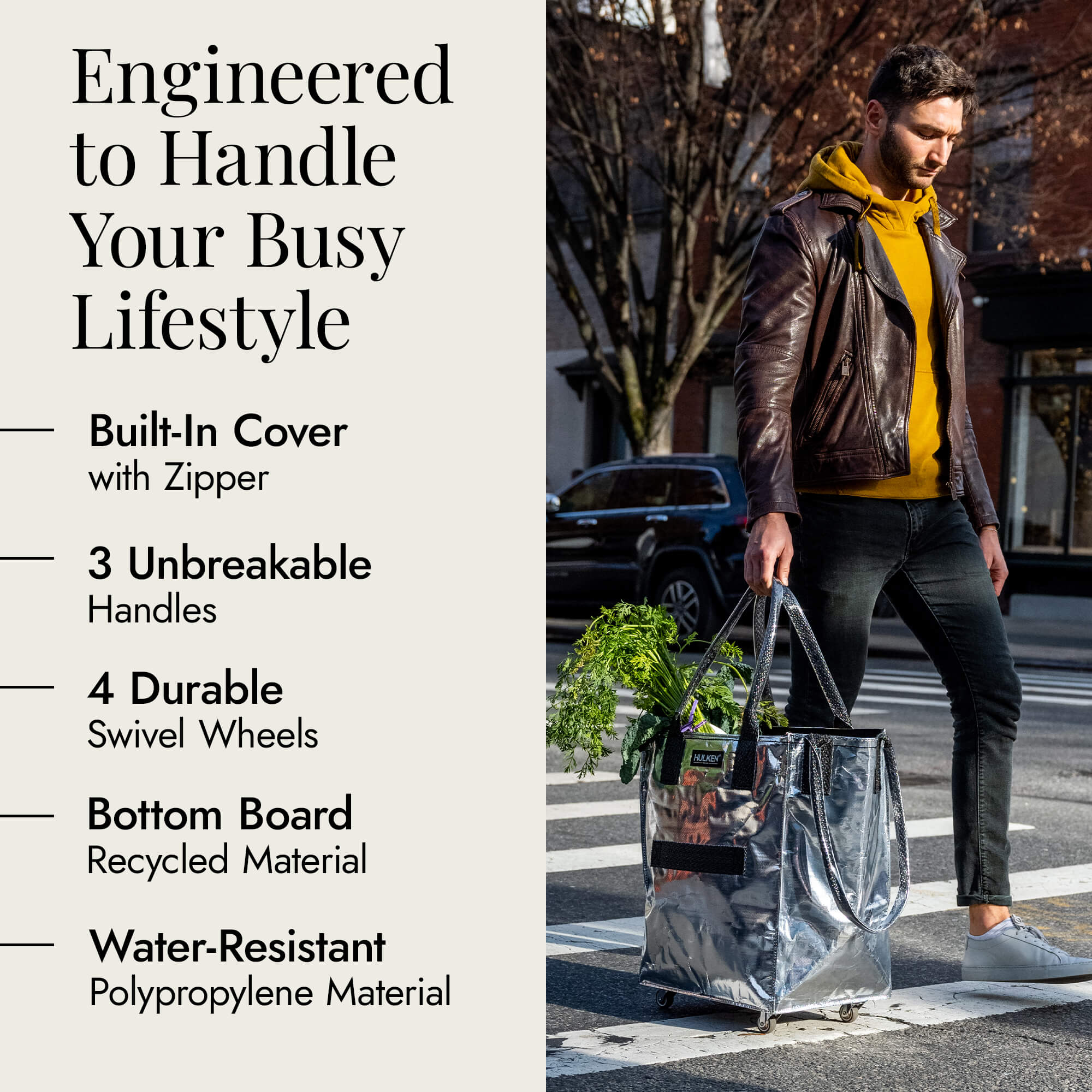 Hulkthten Foldable Rolling Tote Bag with Zip Top Closure