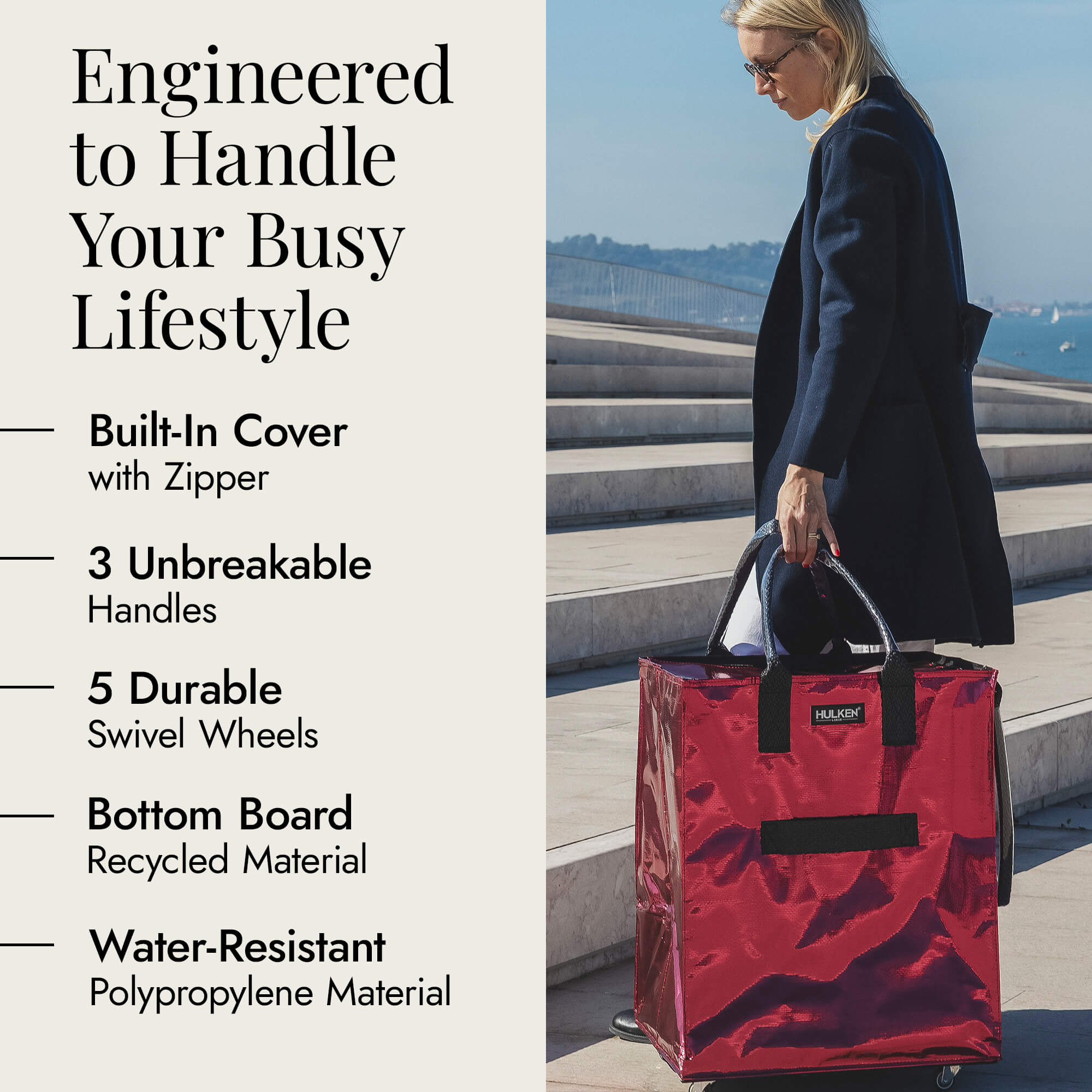 Hulkthten Foldable Rolling Tote Bag with Zip Top Closure