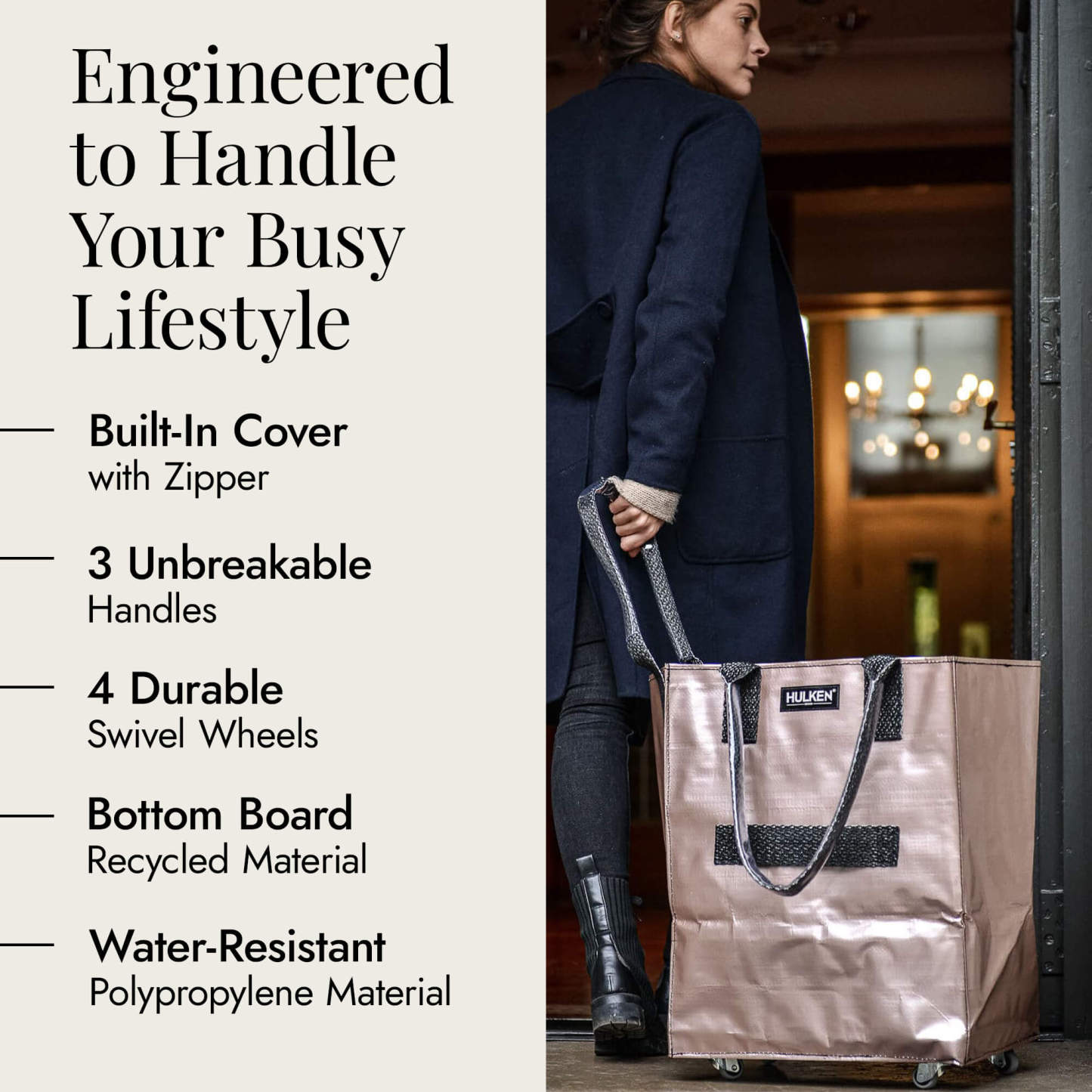 Hulkthten Foldable Rolling Tote Bag with Zip Top Closure