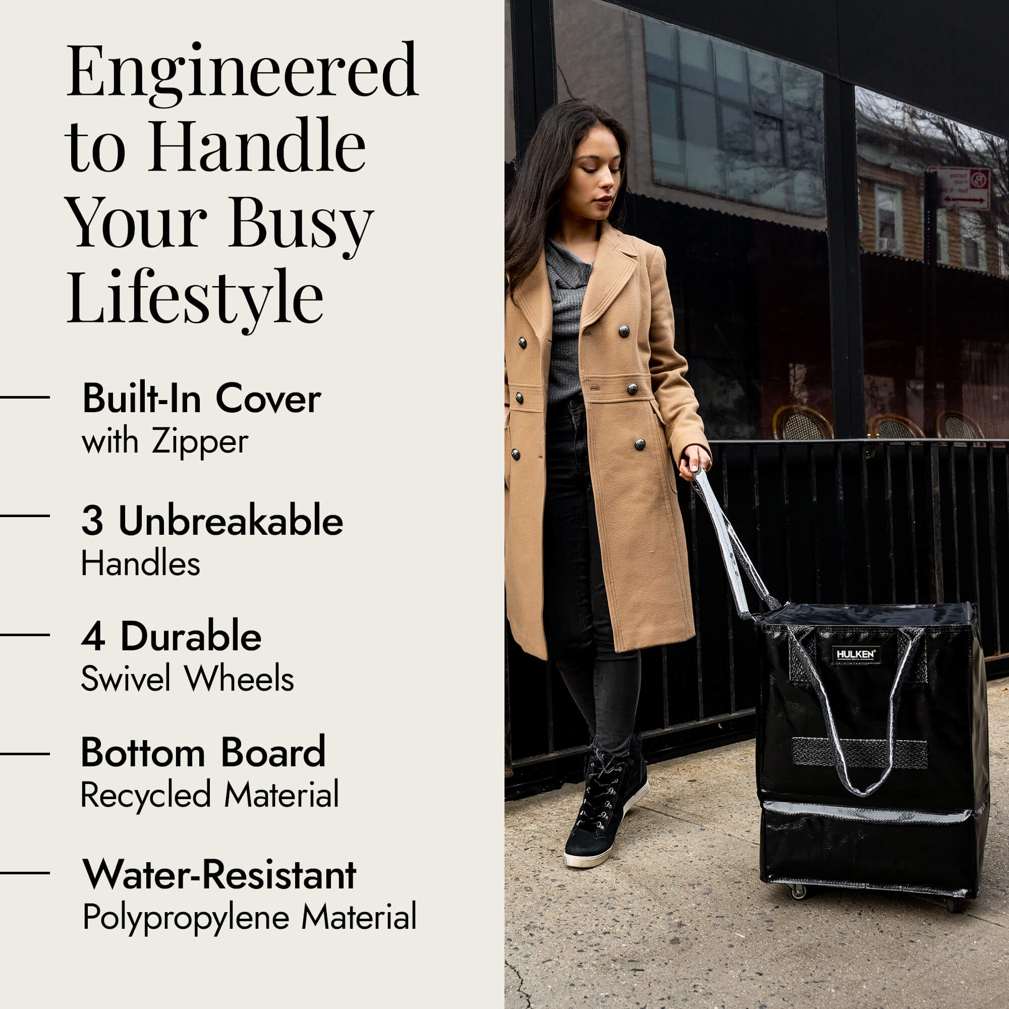 Hulkthten Foldable Rolling Tote Bag with Zip Top Closure