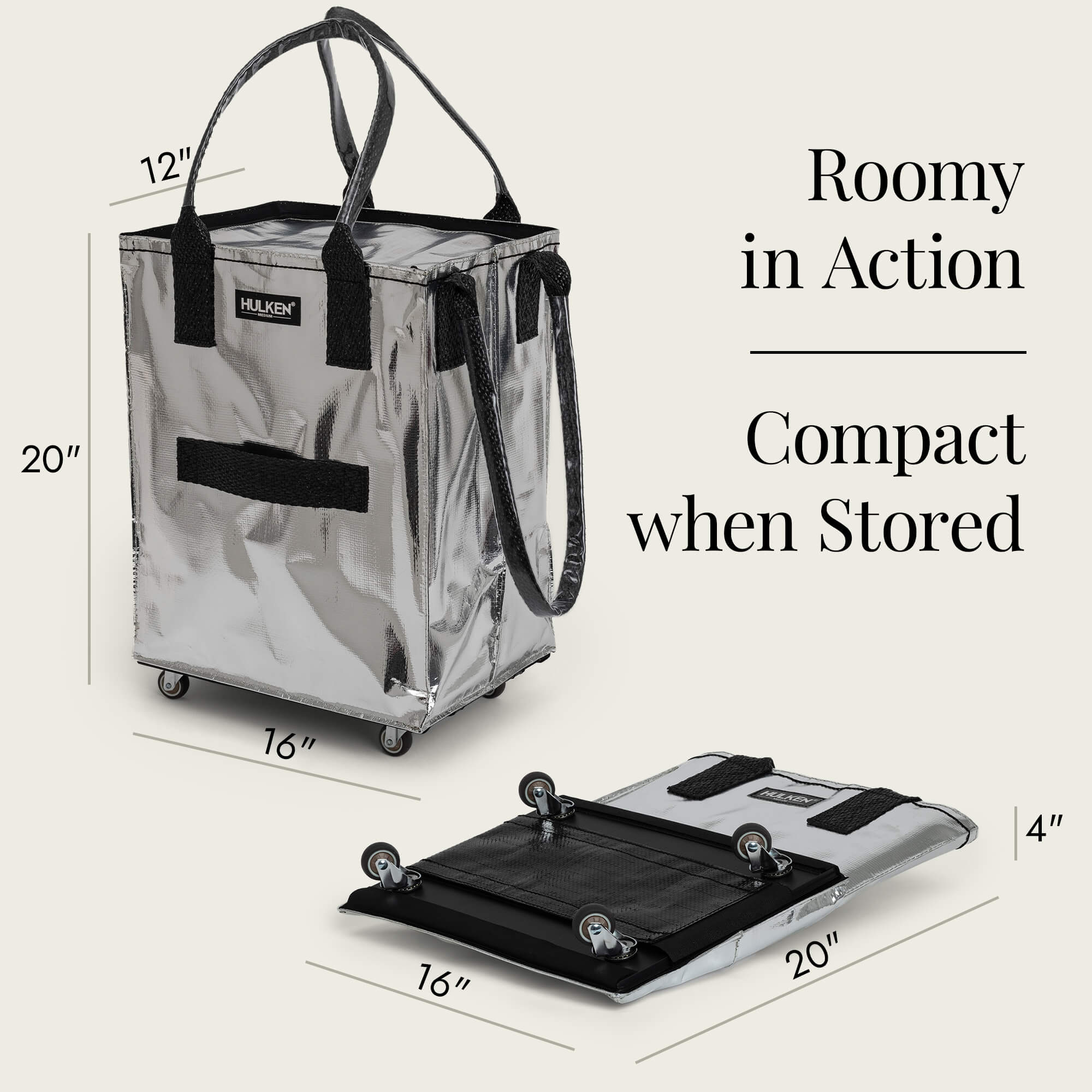 Hulkthten Foldable Rolling Tote Bag with Zip Top Closure