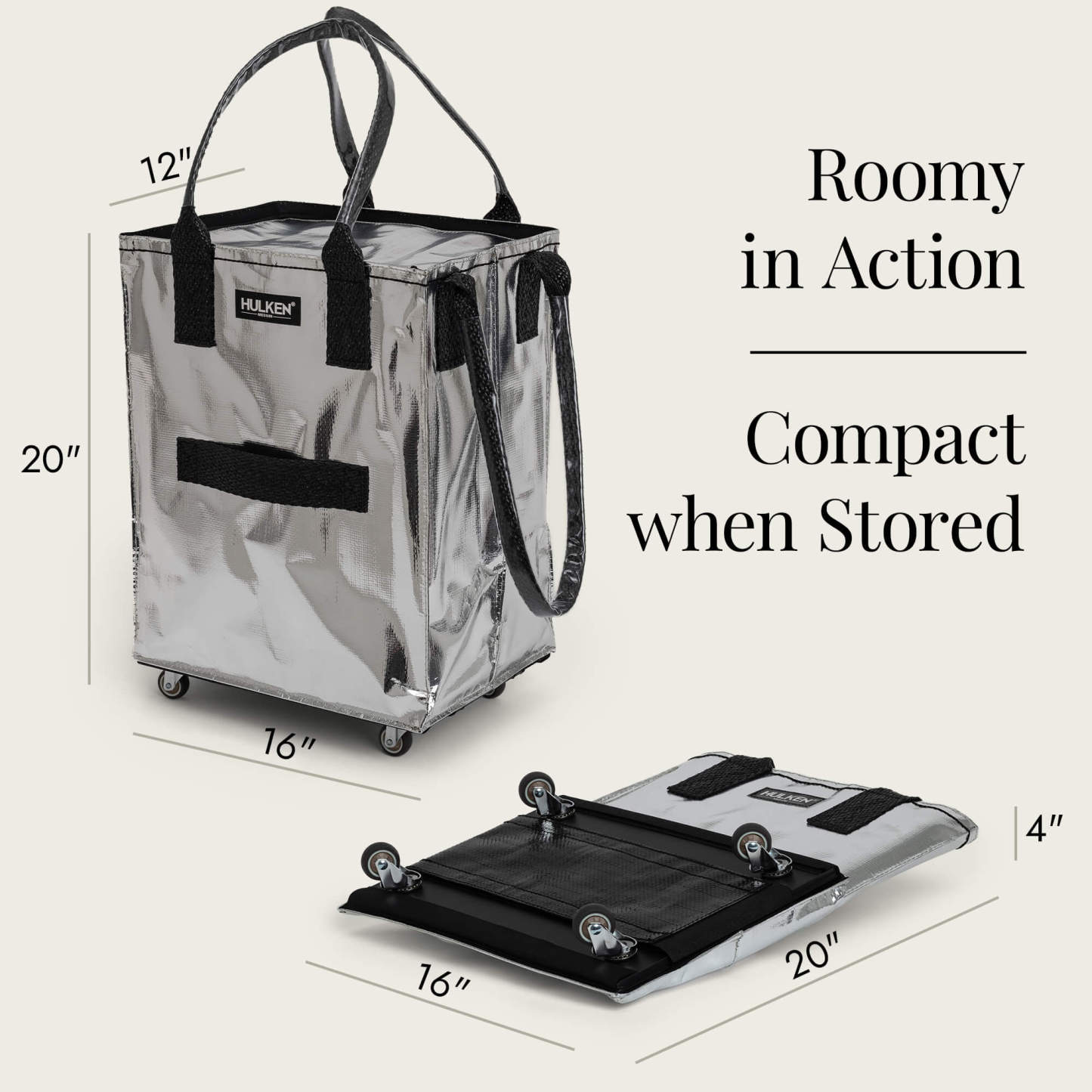 Hulkthten Foldable Rolling Tote Bag with Zip Top Closure