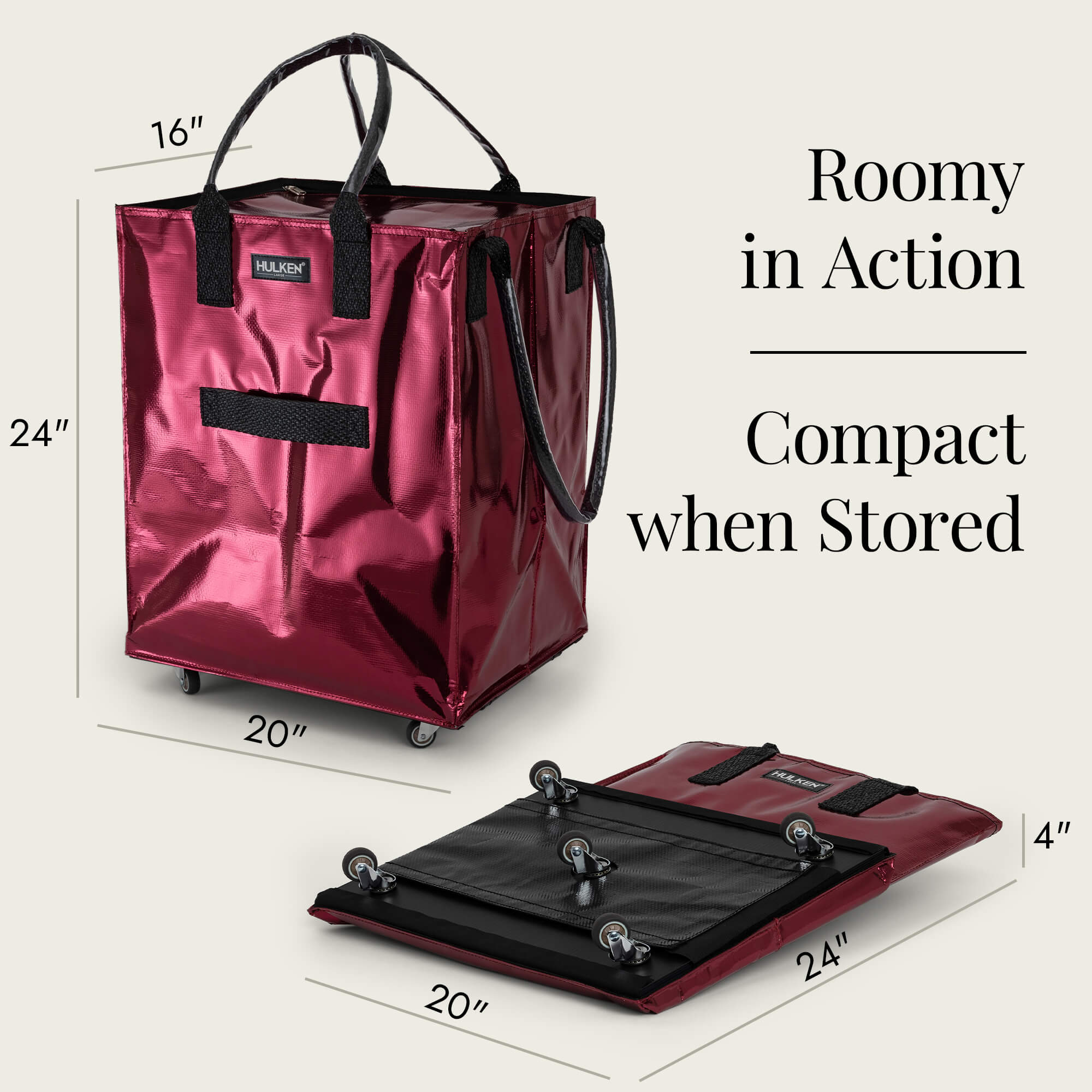 Hulkthten Foldable Rolling Tote Bag with Zip Top Closure