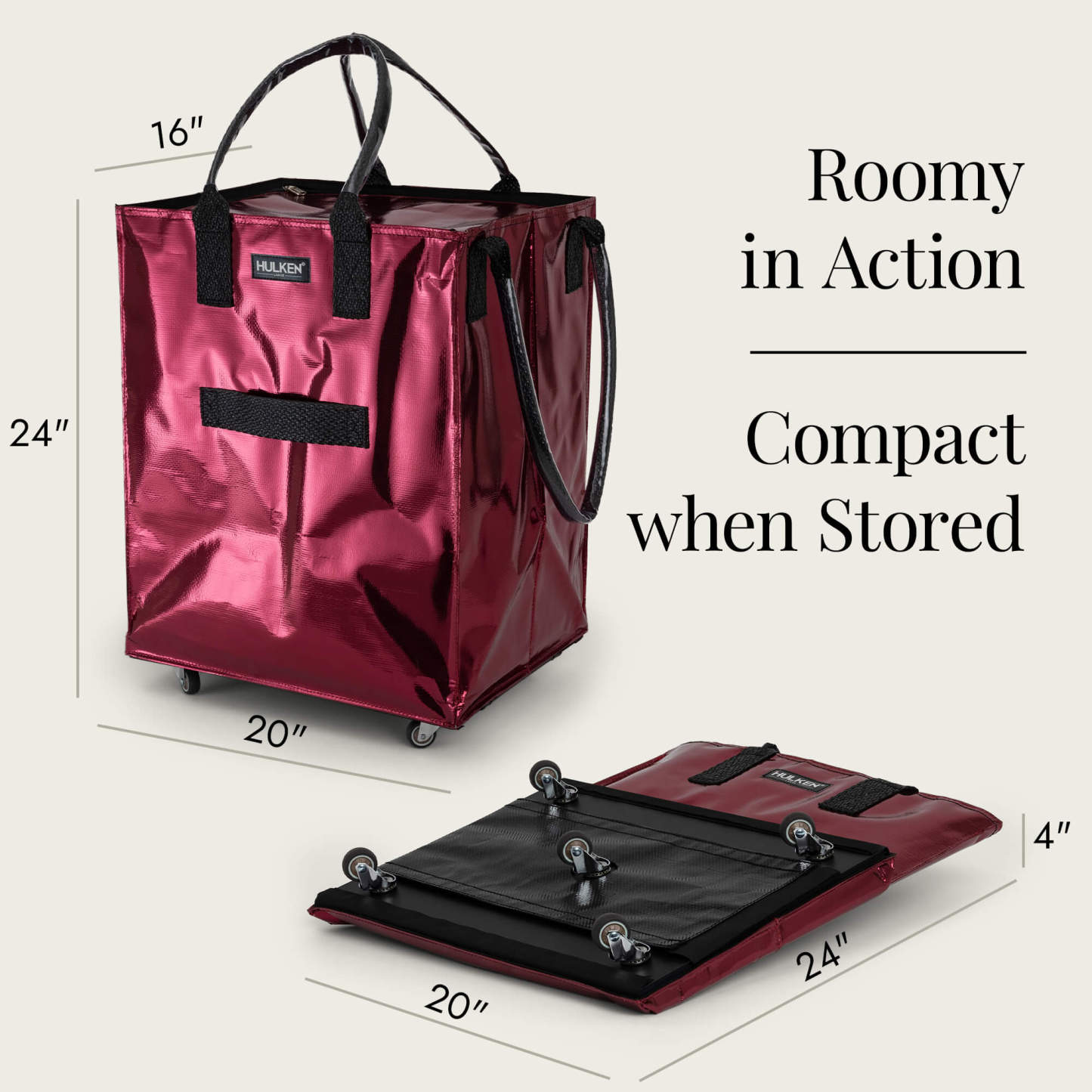 Hulkthten Foldable Rolling Tote Bag with Zip Top Closure