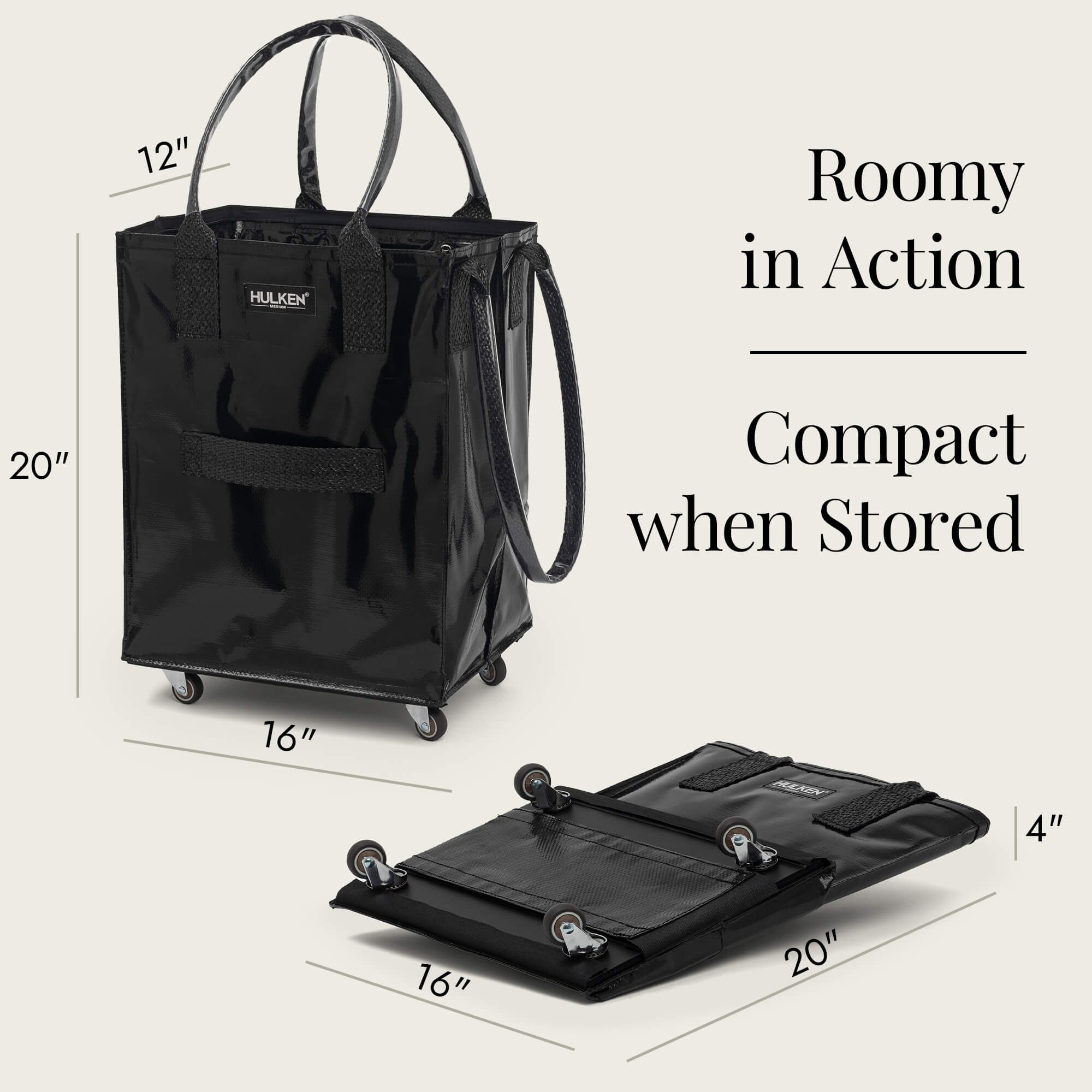 Hulkthten Foldable Rolling Tote Bag with Zip Top Closure