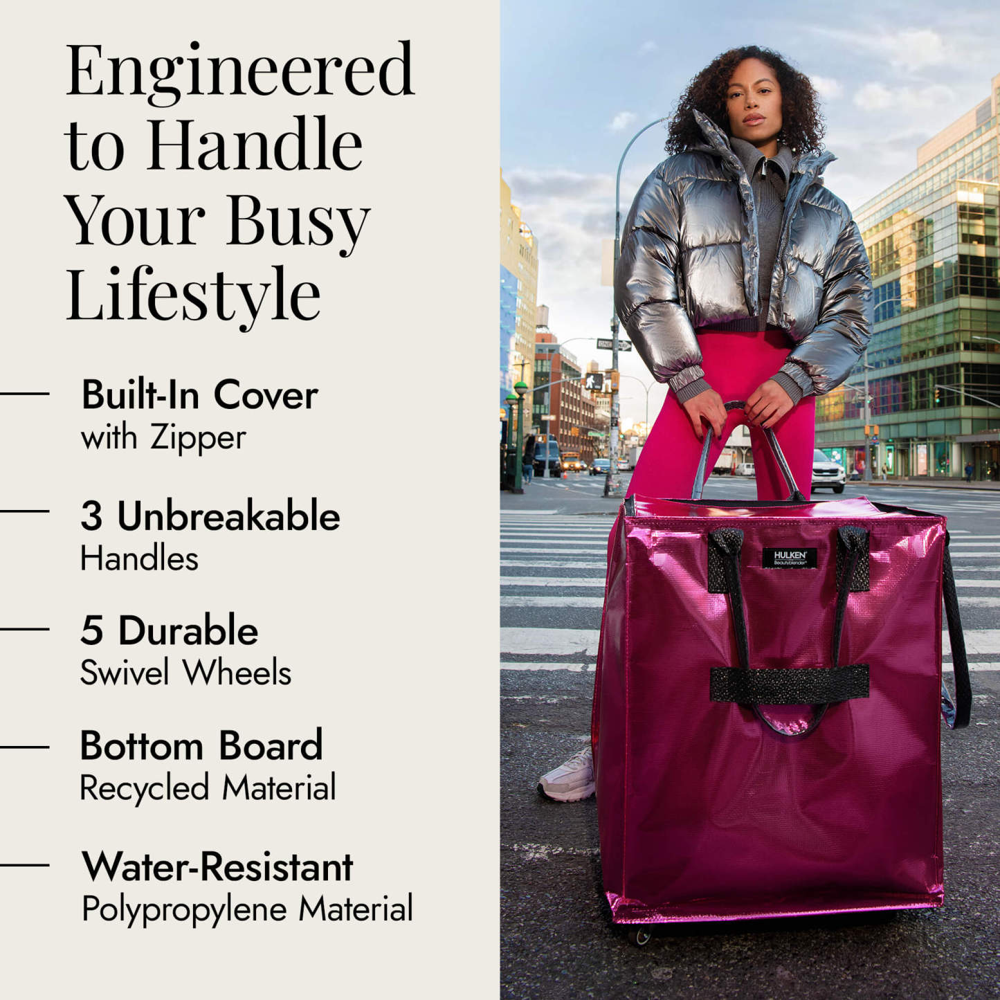 Hulkthten Foldable Rolling Tote Bag with Zip Top Closure