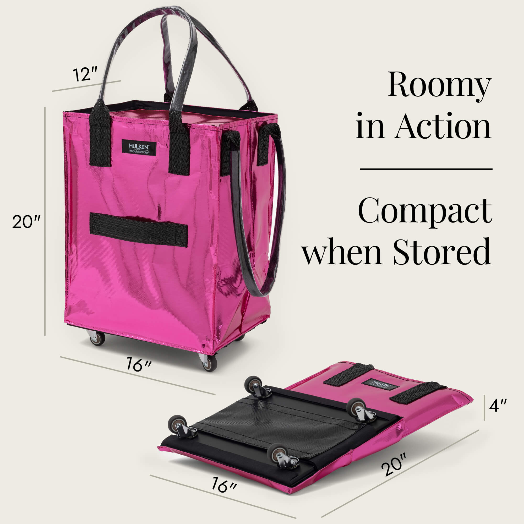Hulkthten Foldable Rolling Tote Bag with Zip Top Closure