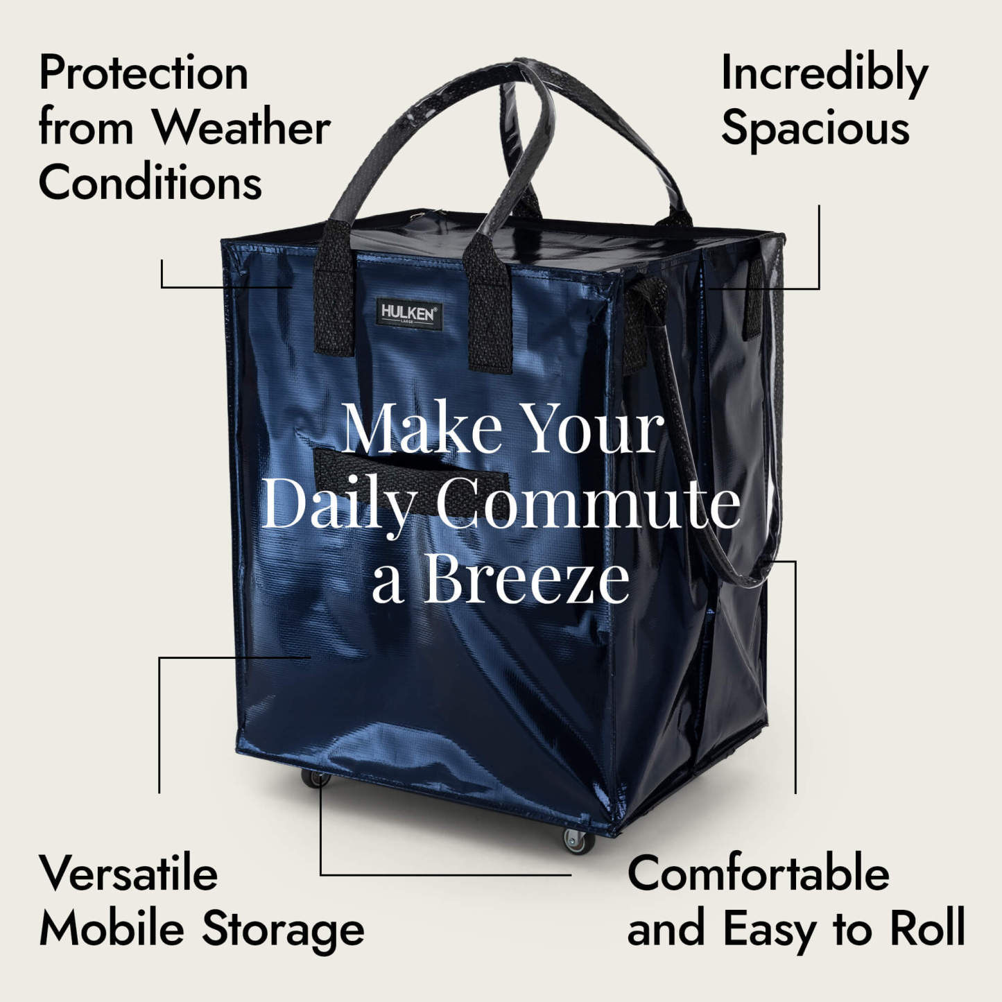 Hulkthten Foldable Rolling Tote Bag with Zip Top Closure