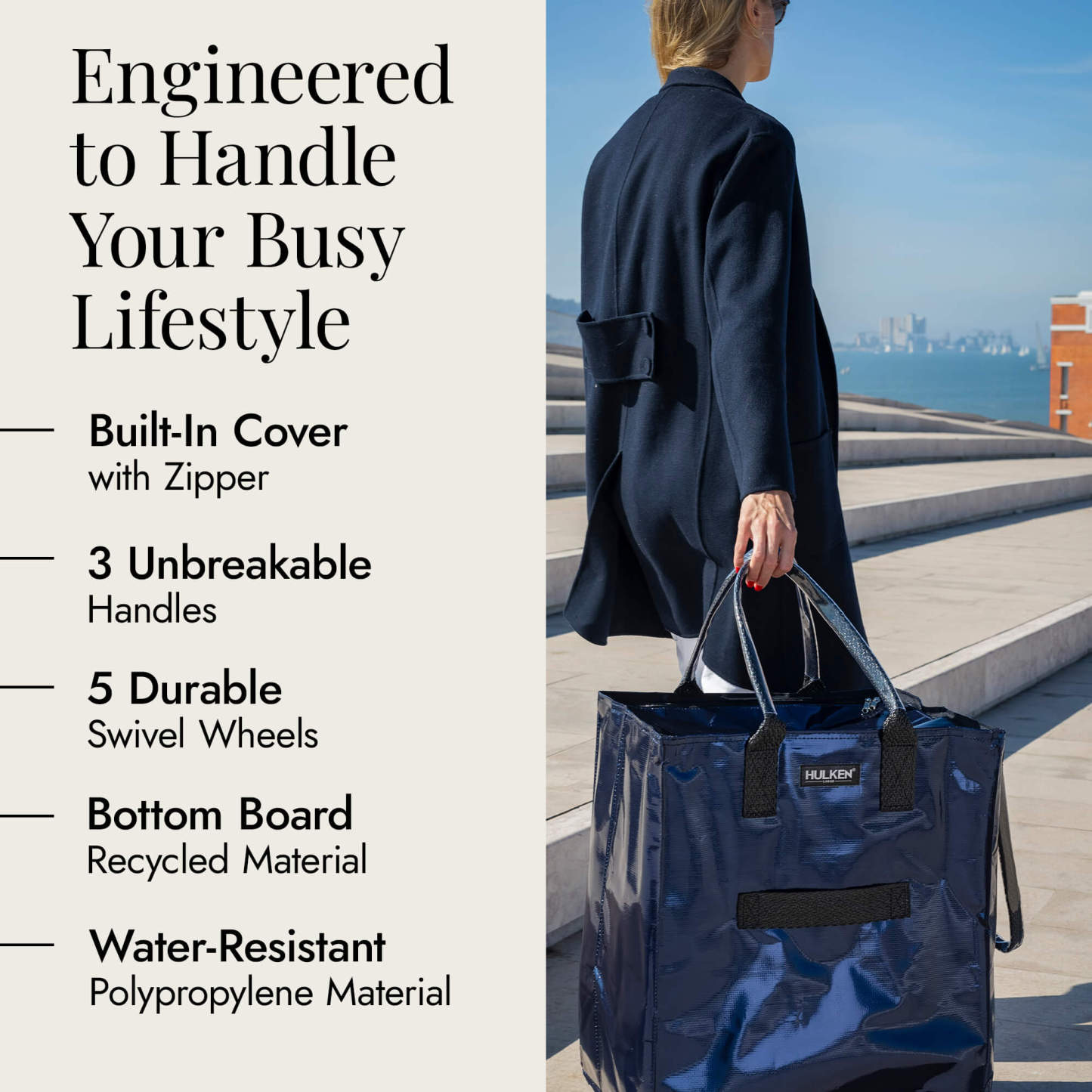 Hulkthten Foldable Rolling Tote Bag with Zip Top Closure