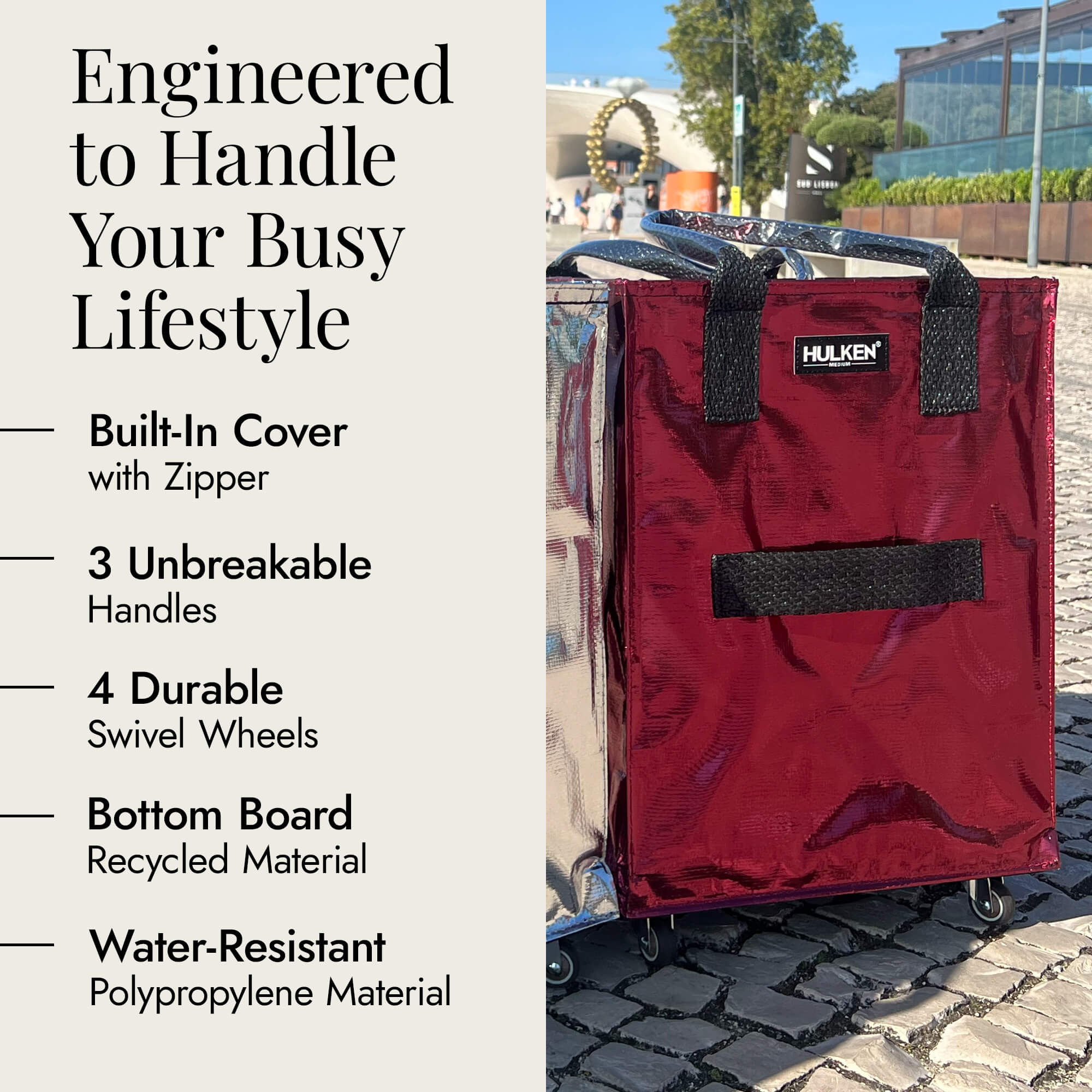 Hulkthten Foldable Rolling Tote Bag with Zip Top Closure