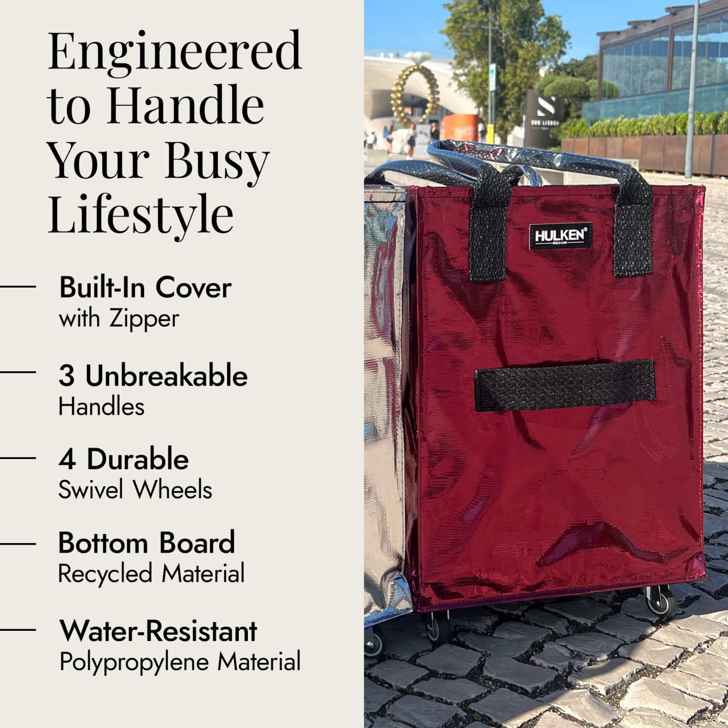 Hulkthten Foldable Rolling Tote Bag with Zip Top Closure