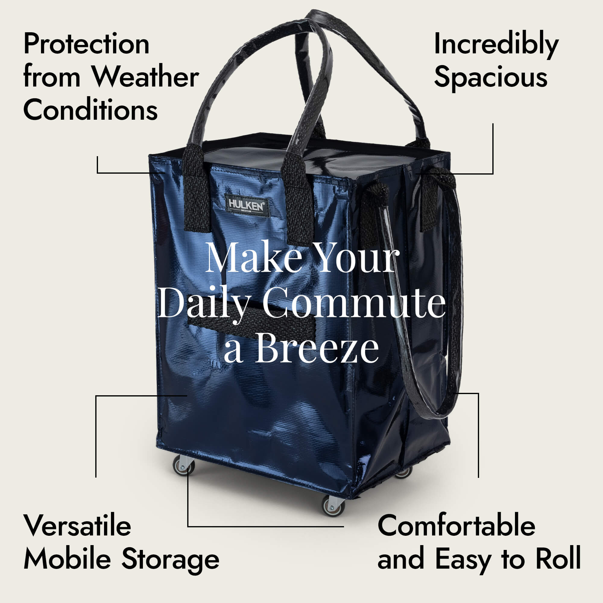 Hulkthten Foldable Rolling Tote Bag with Zip Top Closure