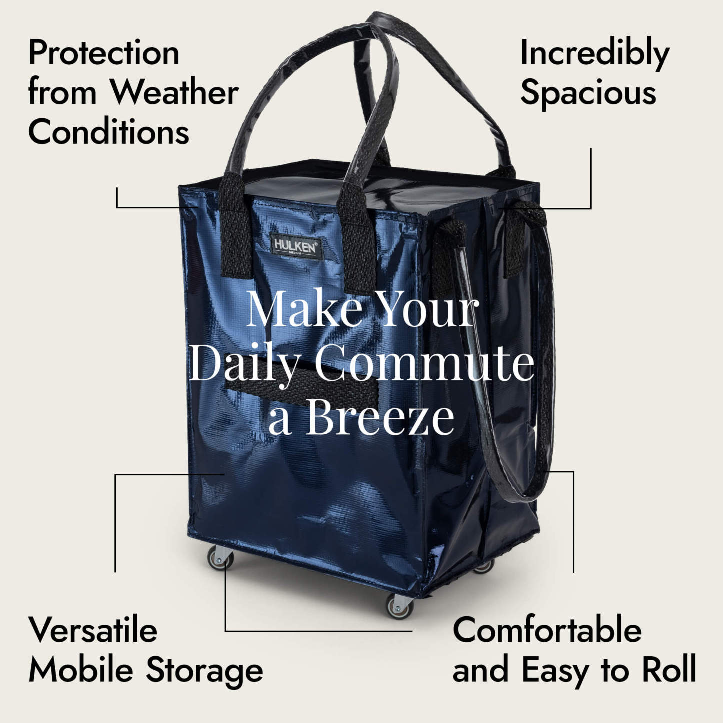 Hulkthten Foldable Rolling Tote Bag with Zip Top Closure