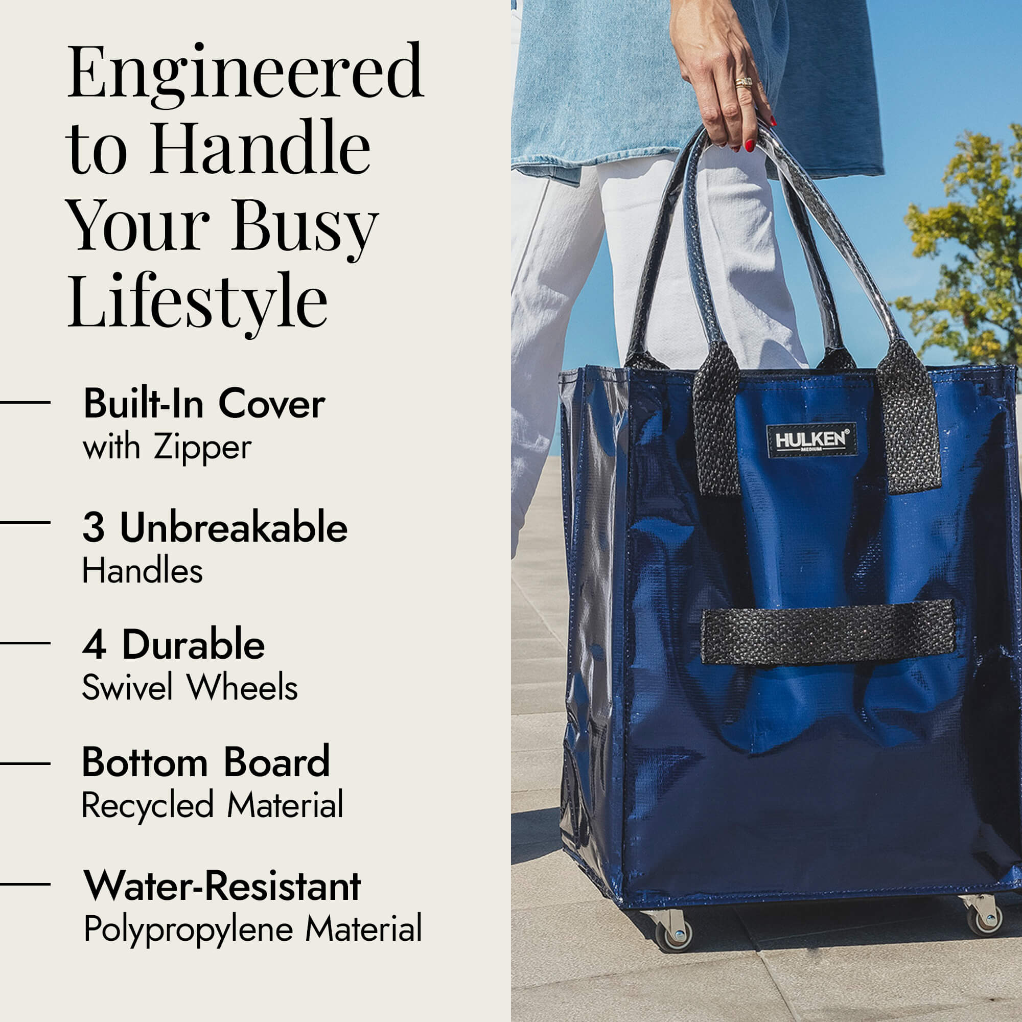 Hulkthten Foldable Rolling Tote Bag with Zip Top Closure