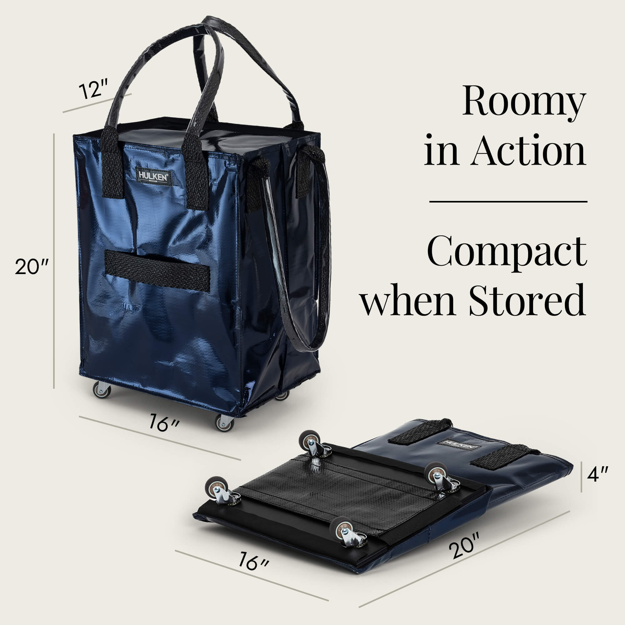 Hulkthten Foldable Rolling Tote Bag with Zip Top Closure