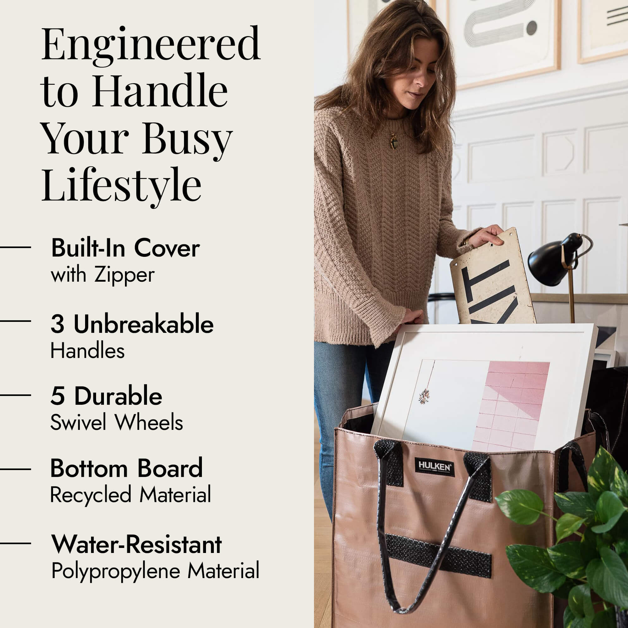Hulkthten Foldable Rolling Tote Bag with Zip Top Closure