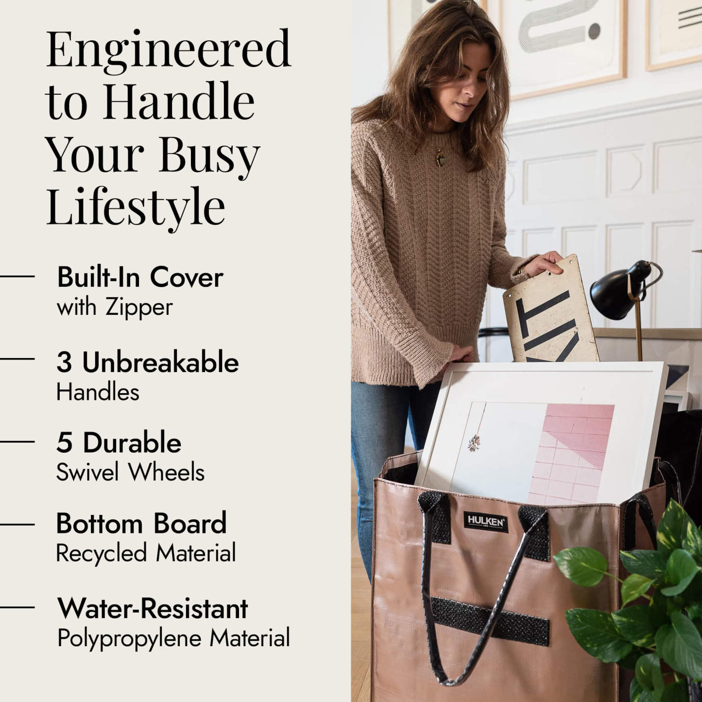 Hulkthten Foldable Rolling Tote Bag with Zip Top Closure